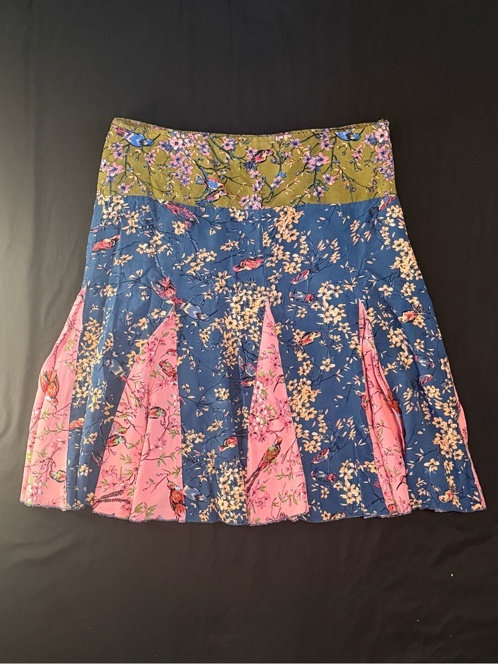 Floral Patchwork A-Line Midi Skirt in Blue, Pink & Olive